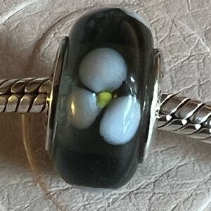 Pandora Murano Glass Black & White Flowers Charm 925 ALE